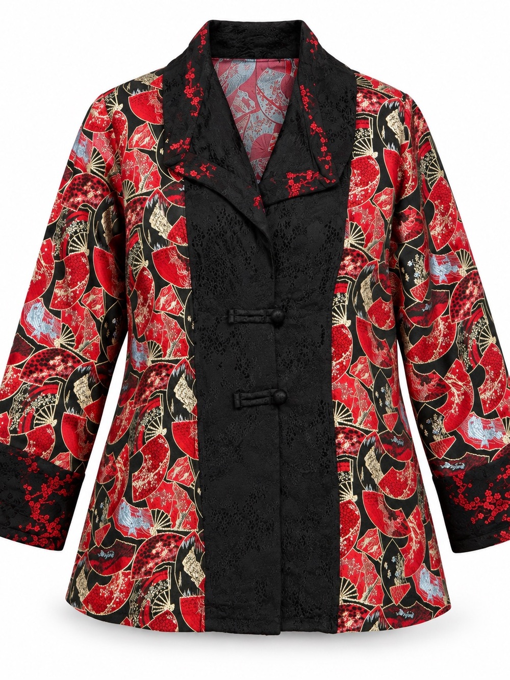 Citron Red Black Fan-Pattern Mandarin Collar Jacket